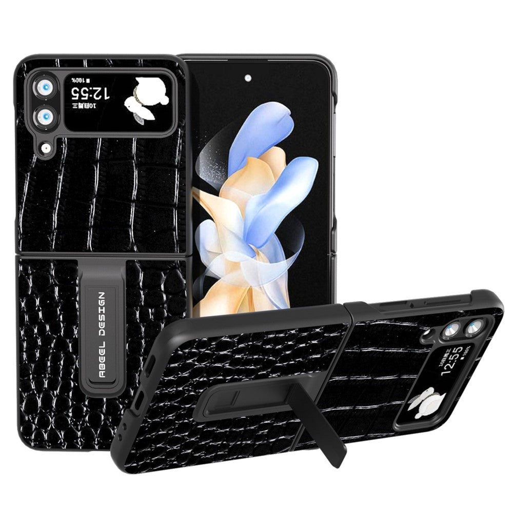 ABEEL For Samsung Galaxy Z Flip4 5G Kickstand Armor Cover Genuine Cow Leather+PC Crocodile Texture Phone Case