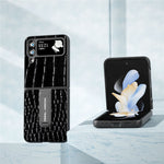 ABEEL For Samsung Galaxy Z Flip4 5G Kickstand Armor Cover Genuine Cow Leather+PC Crocodile Texture Phone Case