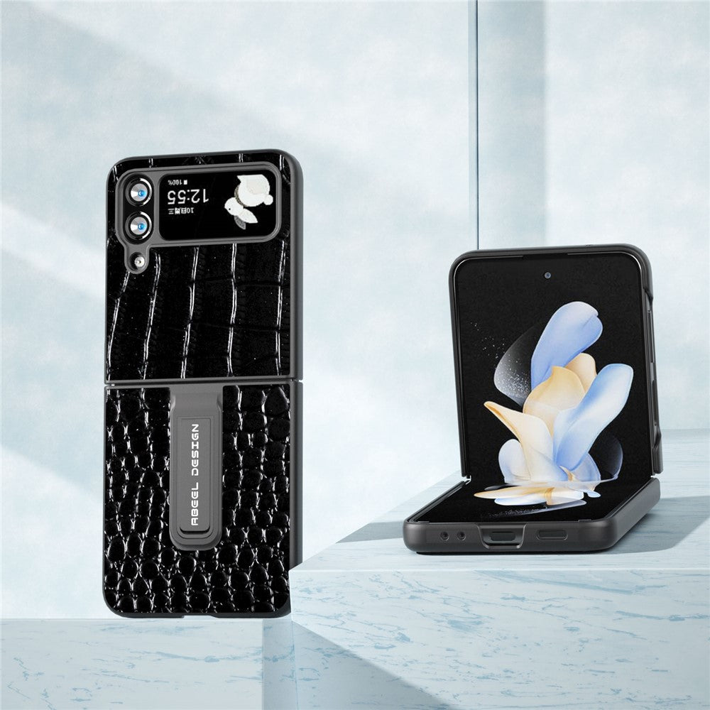 ABEEL For Samsung Galaxy Z Flip4 5G Kickstand Armor Cover Genuine Cow Leather+PC Crocodile Texture Phone Case