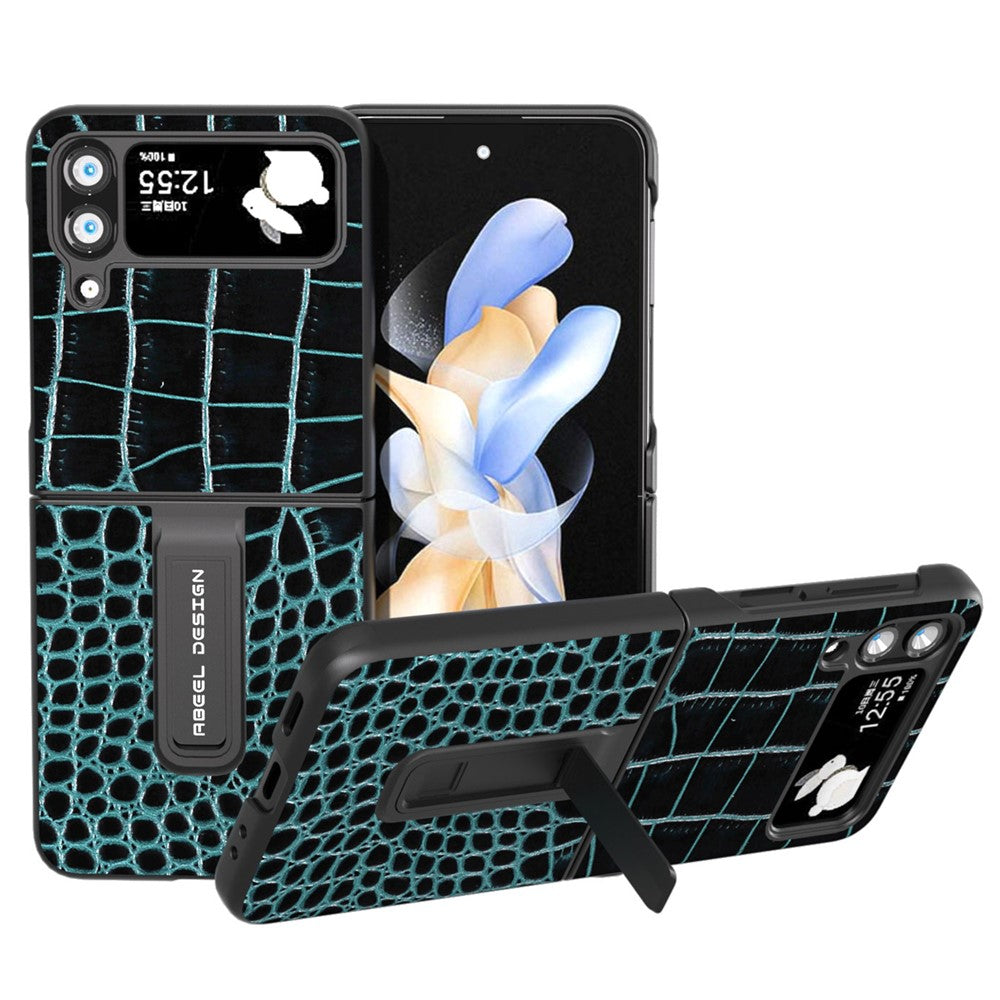 ABEEL For Samsung Galaxy Z Flip4 5G Kickstand Armor Cover Genuine Cow Leather+PC Crocodile Texture Phone Case