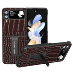 ABEEL For Samsung Galaxy Z Flip4 5G Kickstand Armor Cover Genuine Cow Leather+PC Crocodile Texture Phone Case