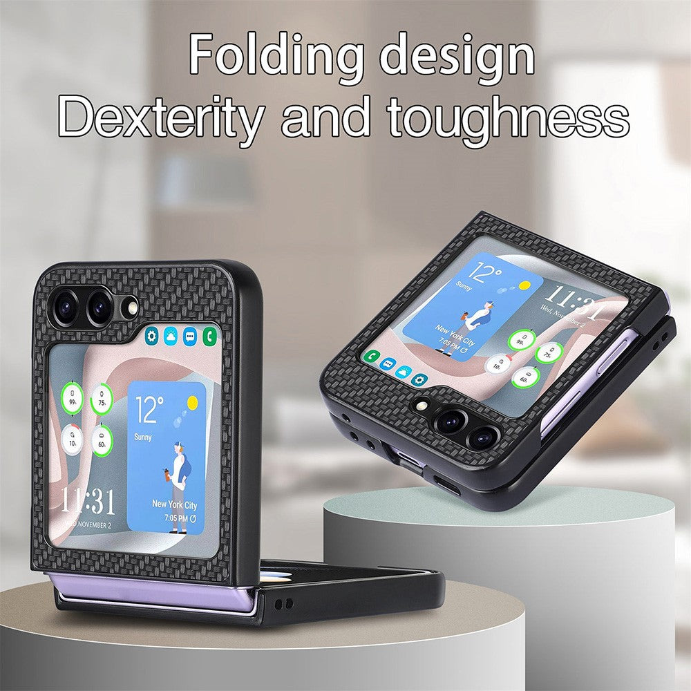 Carbon Fiber Texture PU Leather PC Cover for Samsung Galaxy Z Flip5 5G Precise Cutouts Anti-Drop Phone Case