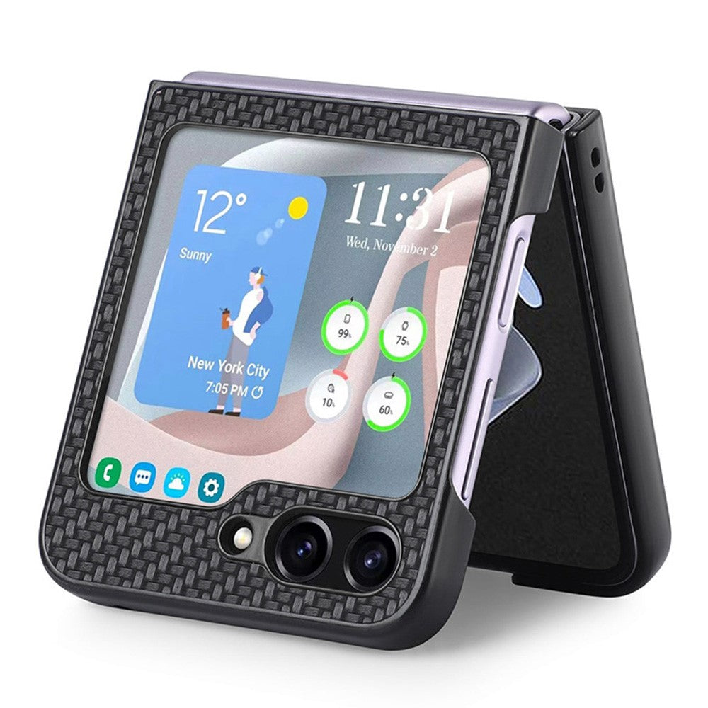 Carbon Fiber Texture PU Leather PC Cover for Samsung Galaxy Z Flip5 5G Precise Cutouts Anti-Drop Phone Case