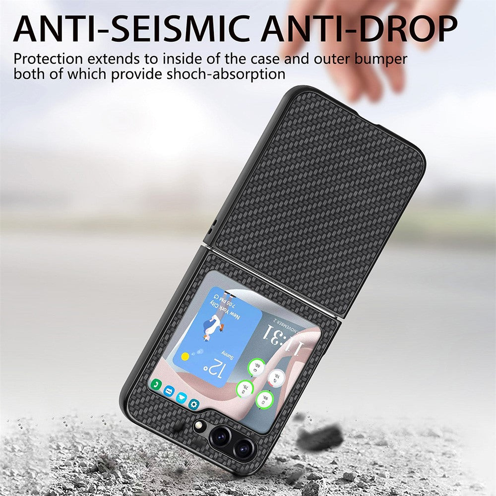 Carbon Fiber Texture PU Leather PC Cover for Samsung Galaxy Z Flip5 5G Precise Cutouts Anti-Drop Phone Case