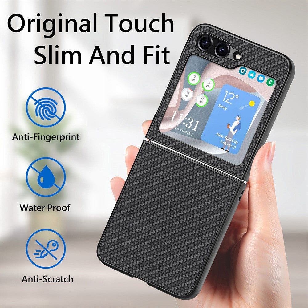 Carbon Fiber Texture PU Leather PC Cover for Samsung Galaxy Z Flip5 5G Precise Cutouts Anti-Drop Phone Case