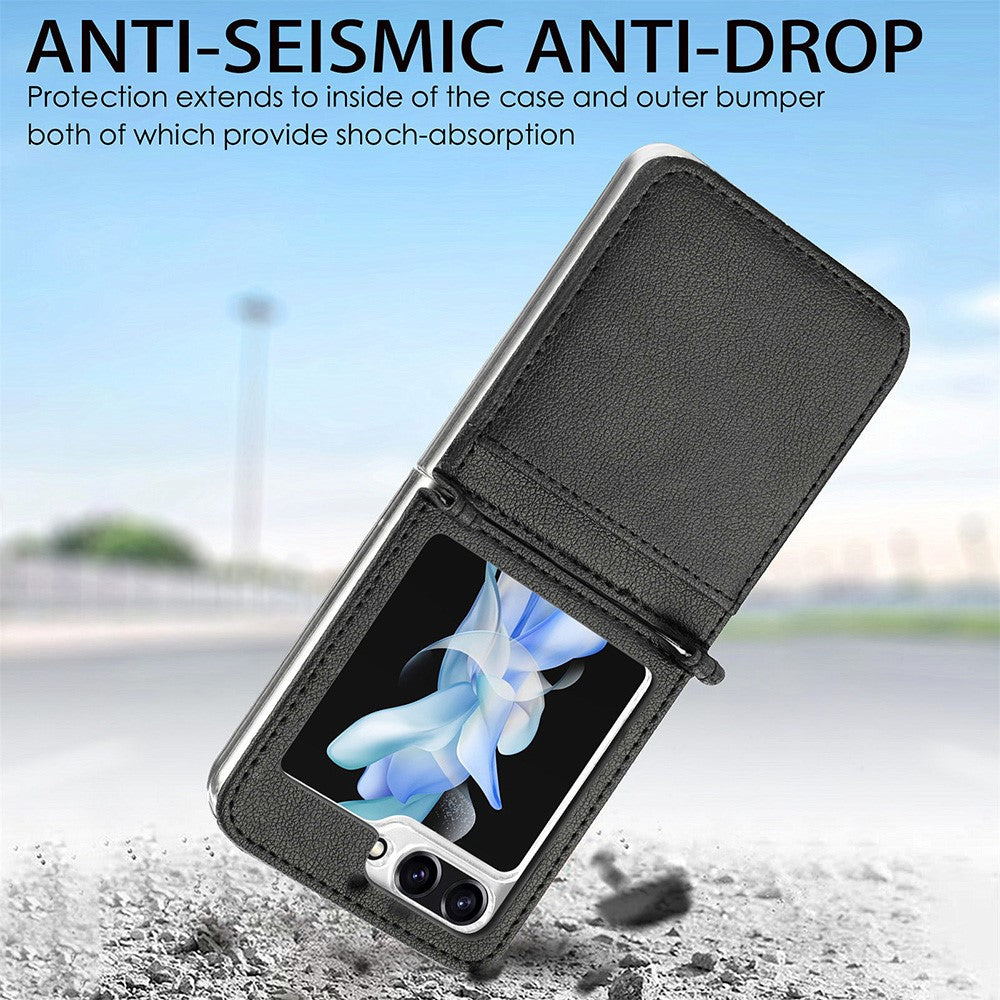 Protective Slim Case for Samsung Galaxy Z Flip5 5G Litchi Texture Card Holder PU Leather PC Phone Cover