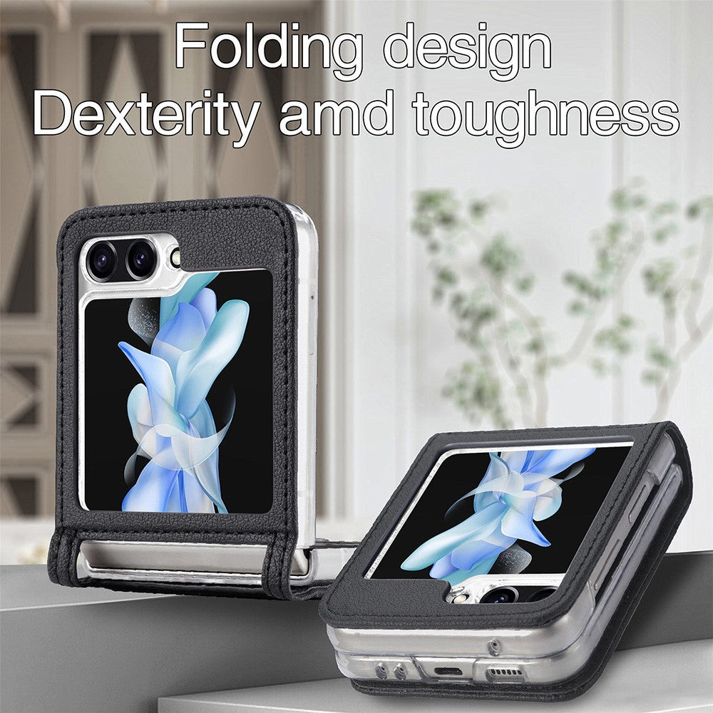 Protective Slim Case for Samsung Galaxy Z Flip5 5G Litchi Texture Card Holder PU Leather PC Phone Cover