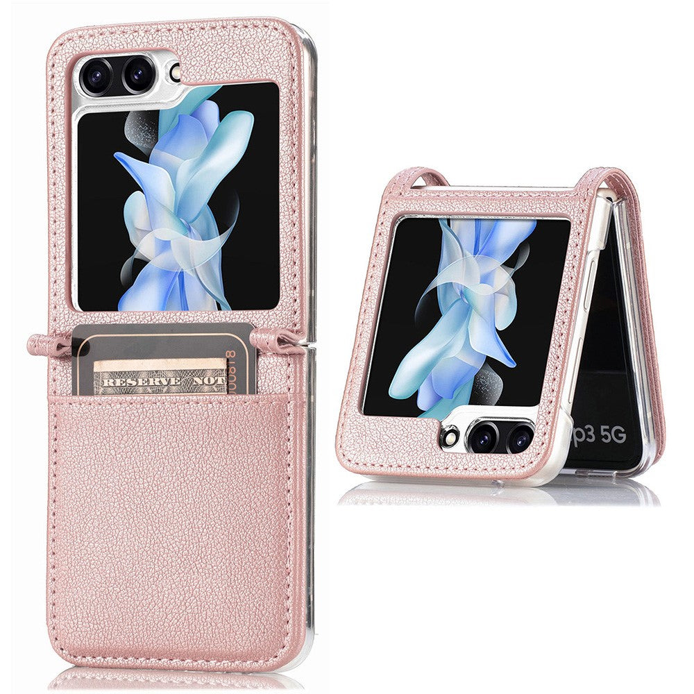 Protective Slim Case for Samsung Galaxy Z Flip5 5G Litchi Texture Card Holder PU Leather PC Phone Cover