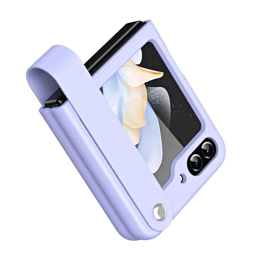 Slim Case for Samsung Galaxy Z Flip5 5G Protective PU Leather PC Phone Cover with Finger Strap