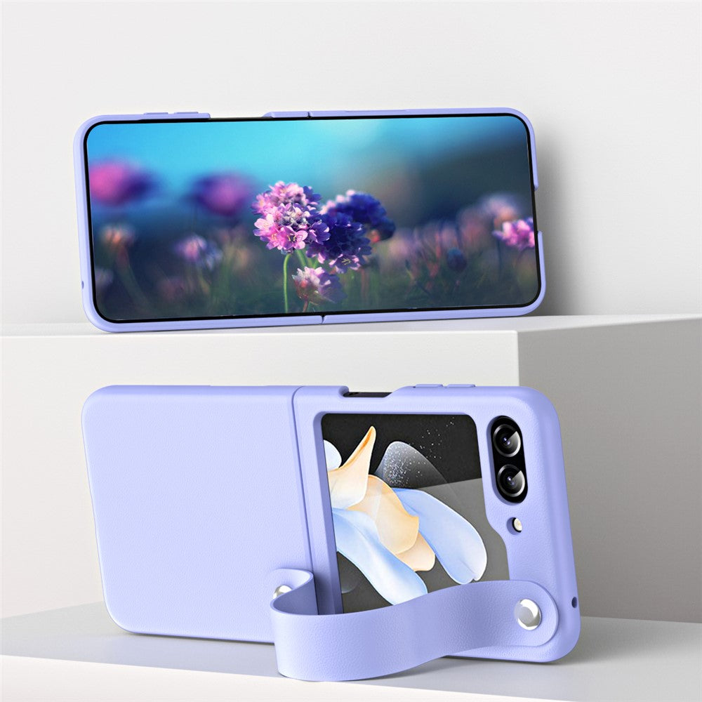 Slim Case for Samsung Galaxy Z Flip5 5G Protective PU Leather PC Phone Cover with Finger Strap