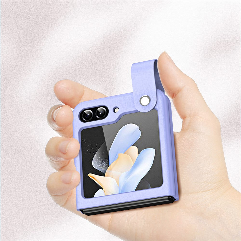 Slim Case for Samsung Galaxy Z Flip5 5G Protective PU Leather PC Phone Cover with Finger Strap