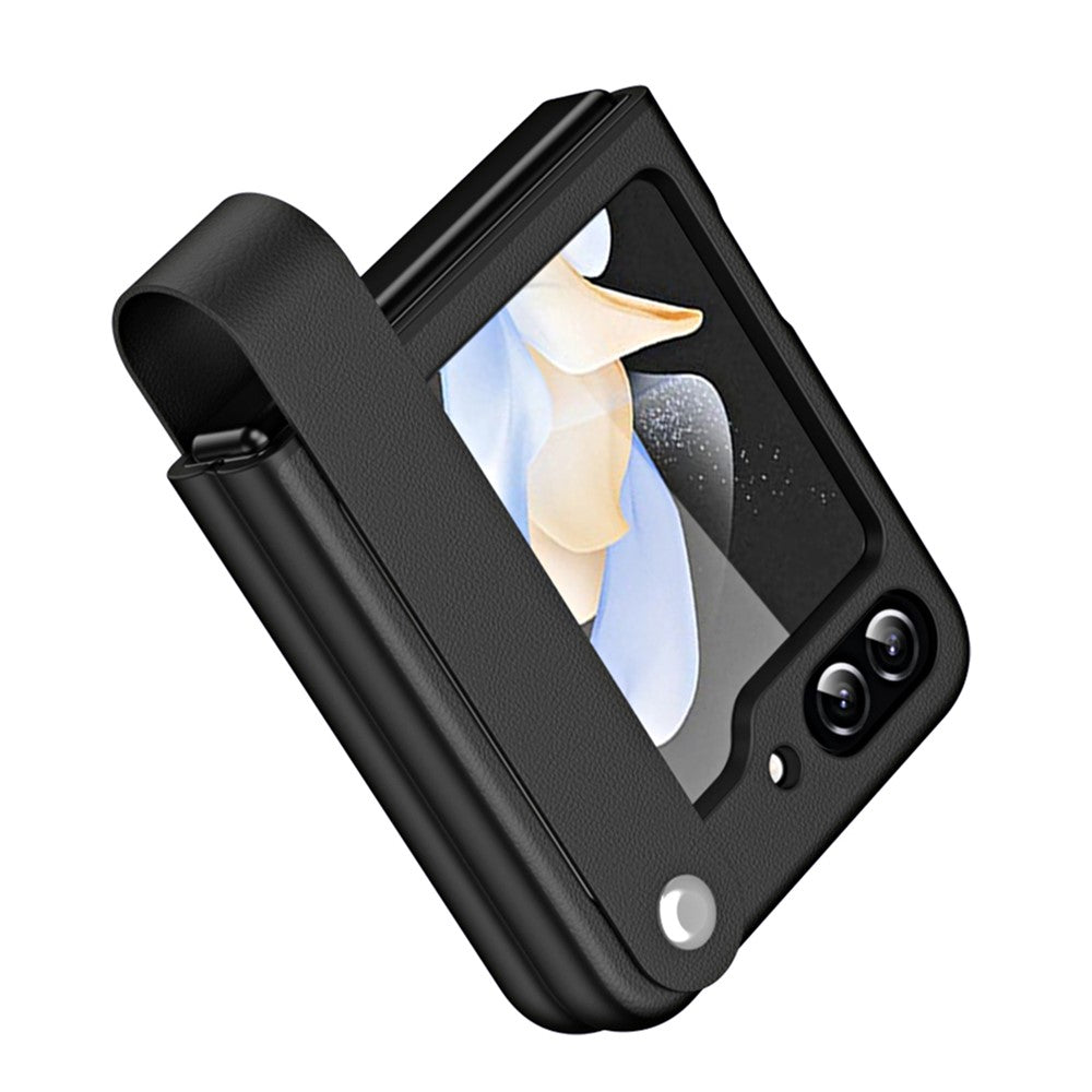 Slim Case for Samsung Galaxy Z Flip5 5G Protective PU Leather PC Phone Cover with Finger Strap