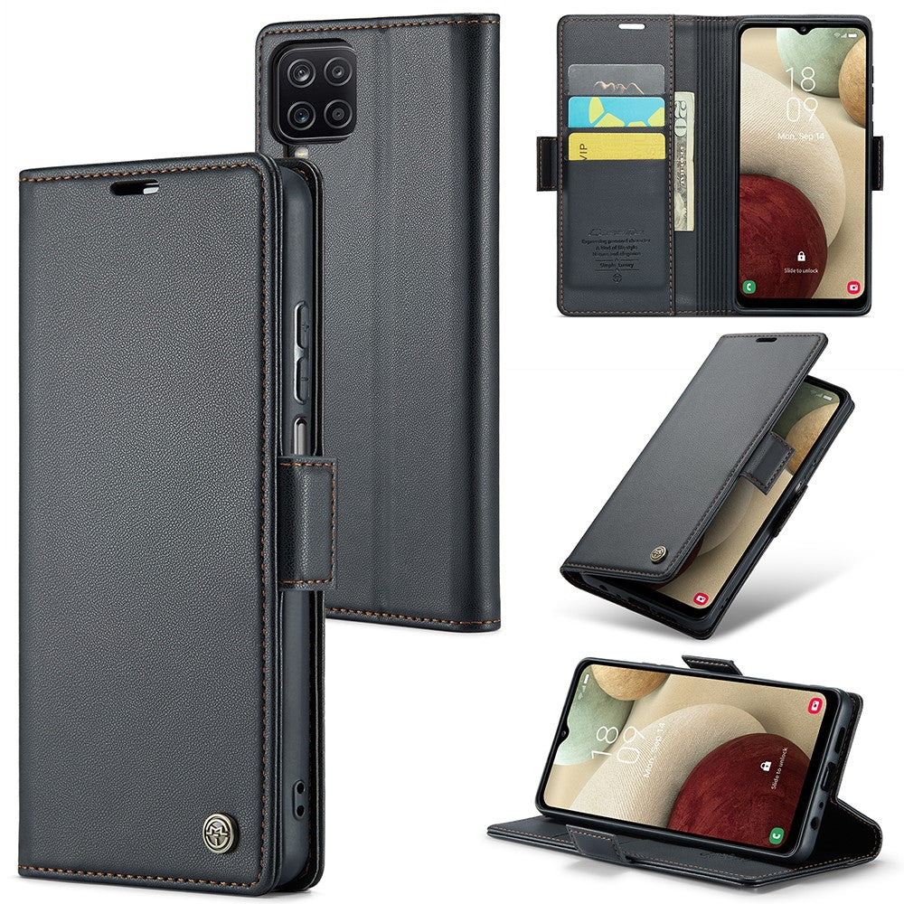 Läderfodral för Samsung Galaxy A12 CASEME 023 RFID-blockerande mobilskal med 3 kortplatser