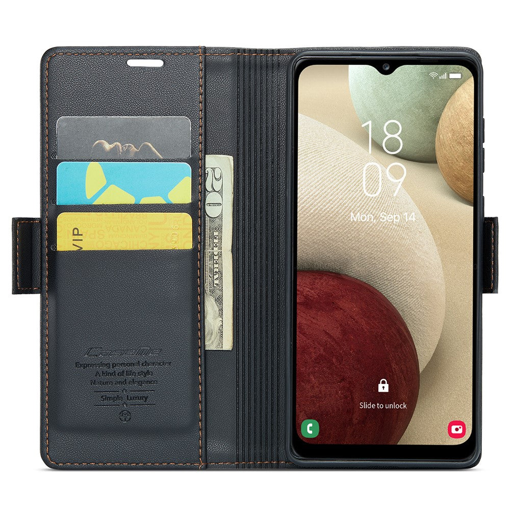 Läderfodral för Samsung Galaxy A12 CASEME 023 RFID-blockerande mobilskal med 3 kortplatser