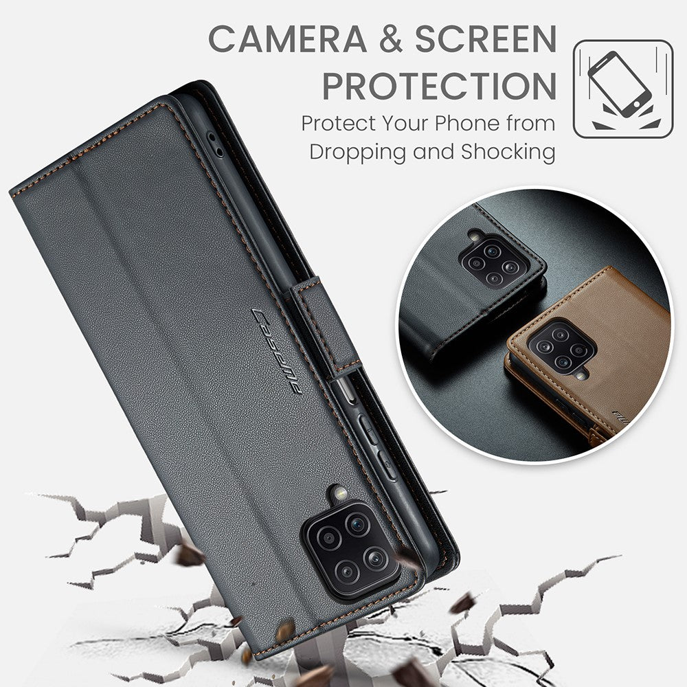 Läderfodral för Samsung Galaxy A12 CASEME 023 RFID-blockerande mobilskal med 3 kortplatser