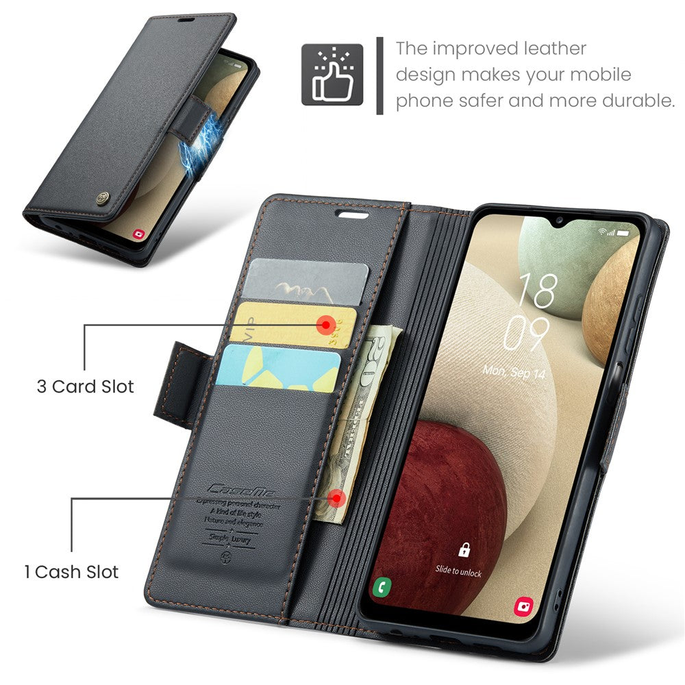 Läderfodral för Samsung Galaxy A12 CASEME 023 RFID-blockerande mobilskal med 3 kortplatser