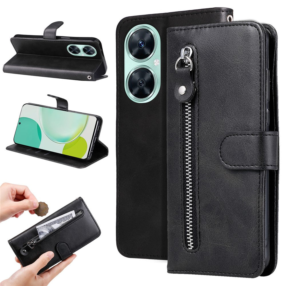 For Huawei nova 11i / Enjoy 60 Pro / Maimang 20 Calf Texture Leather Phone Case Zipper Pocket Wallet Flip Cover with Stand
