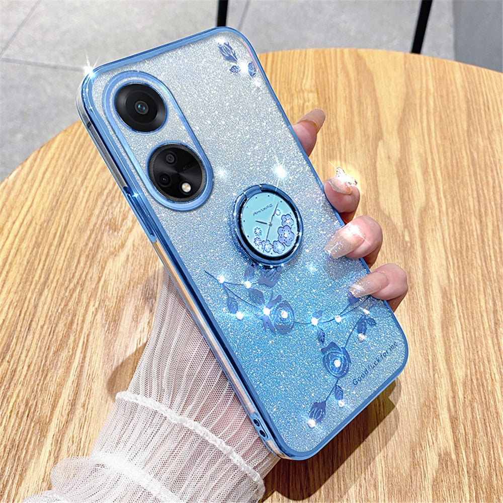 KADEM Ring Kickstand Glitter TPU Case for Oppo A98 5G Rhinestone Flower Pattern Phone Cover