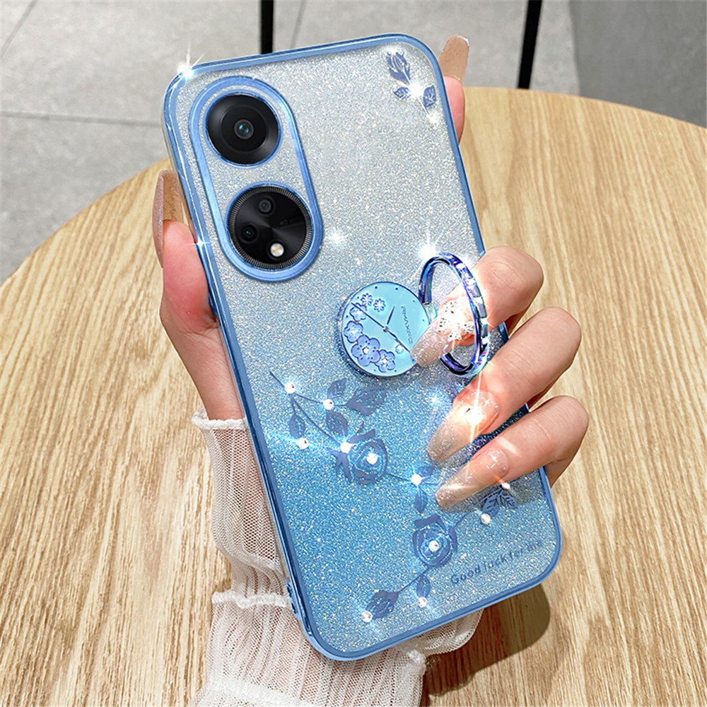 KADEM Ring Kickstand Glitter TPU Case for Oppo A98 5G Rhinestone Flower Pattern Phone Cover