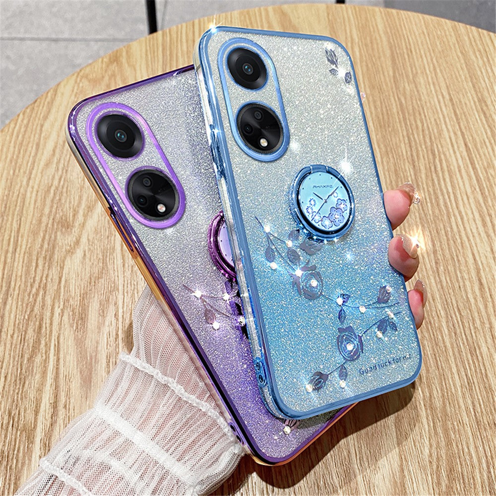 KADEM Ring Kickstand Glitter TPU Case for Oppo A98 5G Rhinestone Flower Pattern Phone Cover