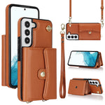 For Samsung Galaxy S22+ 5G Kickstand Cell Phone Case Card Slots PU Leather+TPU Shell Cover with Short+Long Straps