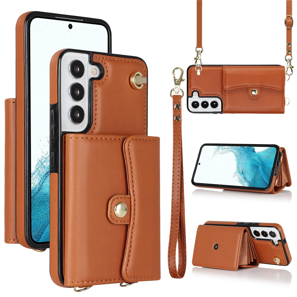 For Samsung Galaxy S22+ 5G Kickstand Cell Phone Case Card Slots PU Leather+TPU Shell Cover with Short+Long Straps