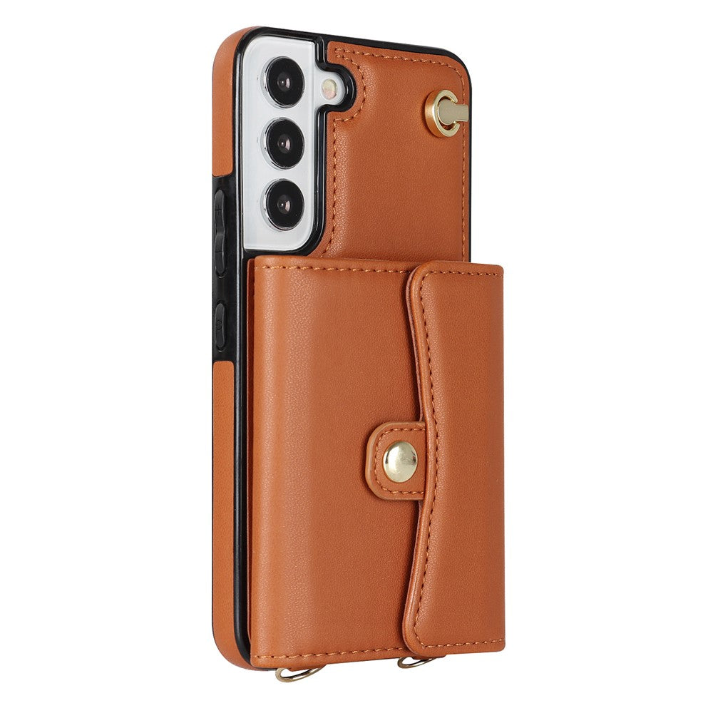 For Samsung Galaxy S22+ 5G Kickstand Cell Phone Case Card Slots PU Leather+TPU Shell Cover with Short+Long Straps