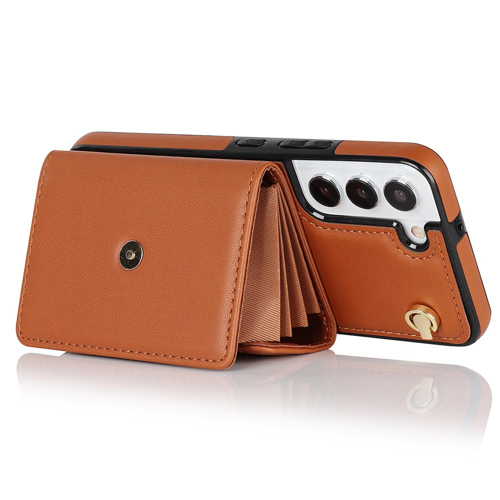 For Samsung Galaxy S22+ 5G Kickstand Cell Phone Case Card Slots PU Leather+TPU Shell Cover with Short+Long Straps