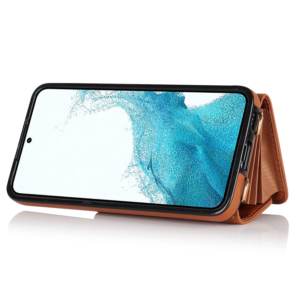 For Samsung Galaxy S22+ 5G Kickstand Cell Phone Case Card Slots PU Leather+TPU Shell Cover with Short+Long Straps