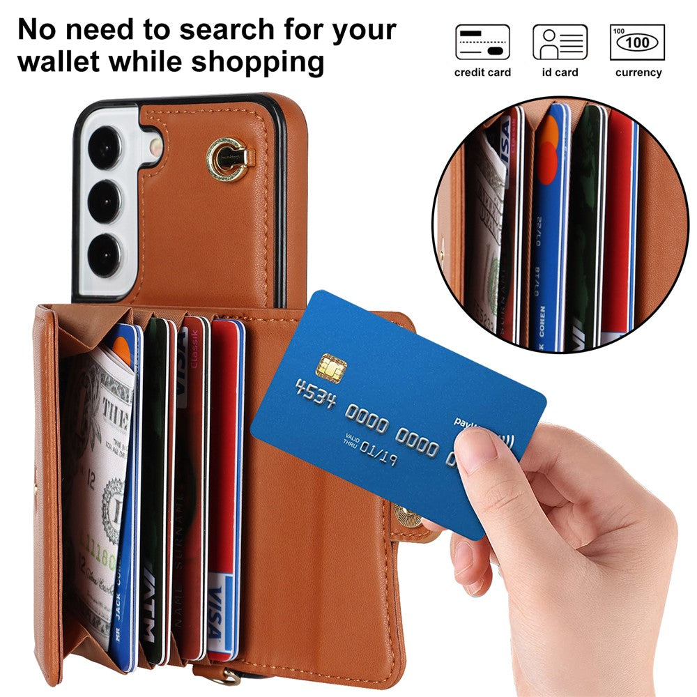 For Samsung Galaxy S22+ 5G Kickstand Cell Phone Case Card Slots PU Leather+TPU Shell Cover with Short+Long Straps
