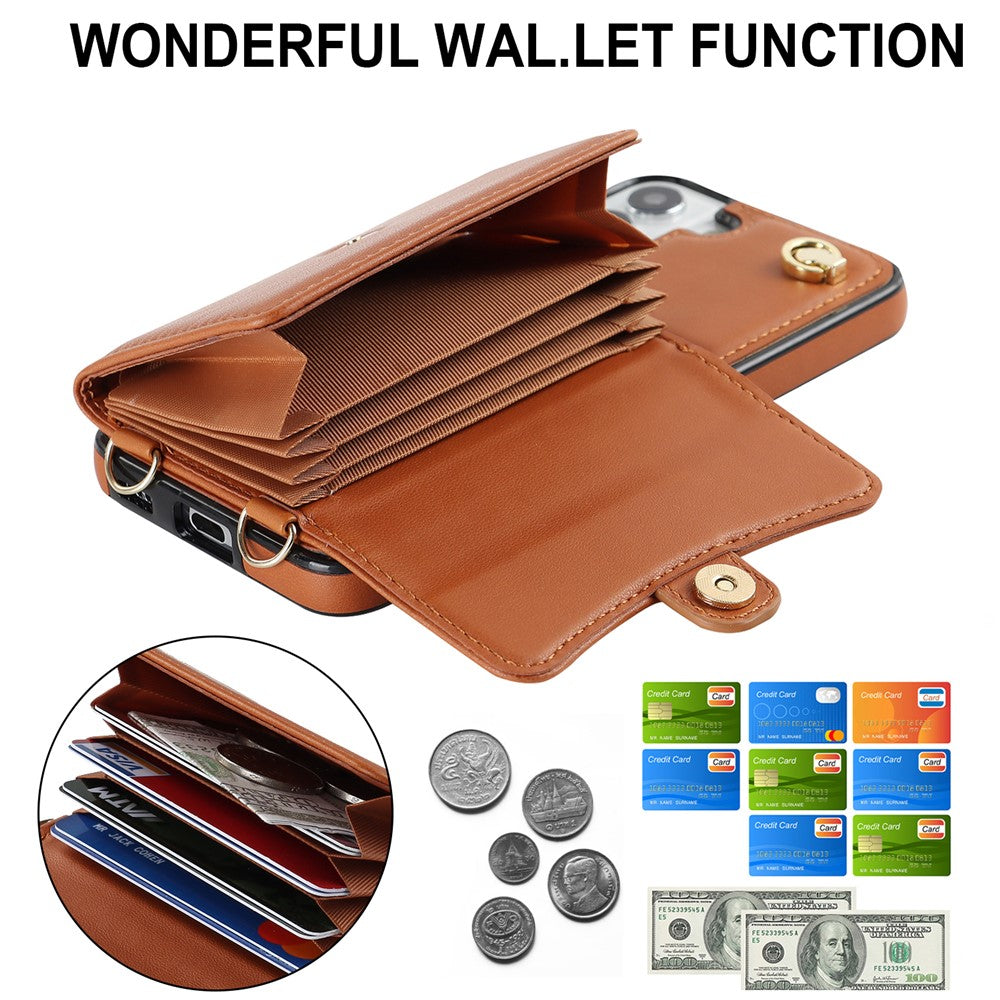 For Samsung Galaxy S22+ 5G Kickstand Cell Phone Case Card Slots PU Leather+TPU Shell Cover with Short+Long Straps