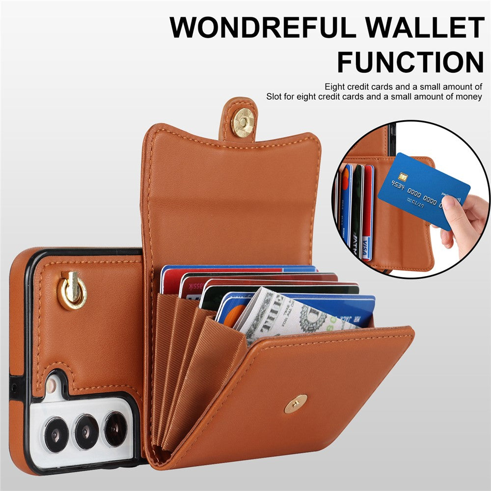 For Samsung Galaxy S22+ 5G Kickstand Cell Phone Case Card Slots PU Leather+TPU Shell Cover with Short+Long Straps