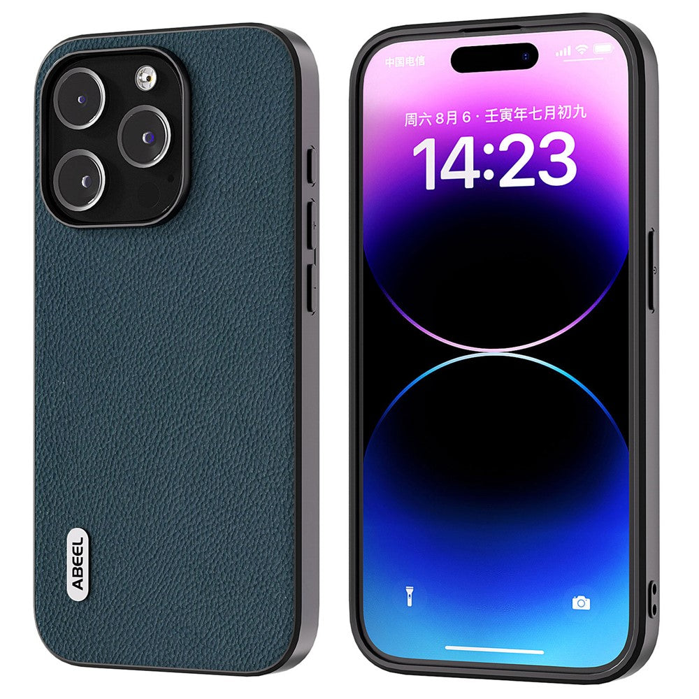 ABEEL För iPhone 15 Pro Max Litchi Texture Slim Skal Kohud Läder+PC+TPU mobilskal