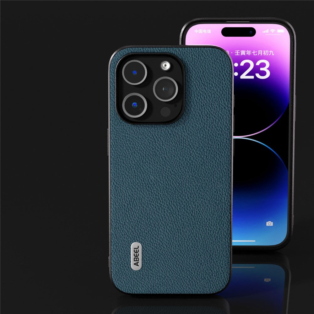 ABEEL För iPhone 15 Pro Max Litchi Texture Slim Skal Kohud Läder+PC+TPU mobilskal