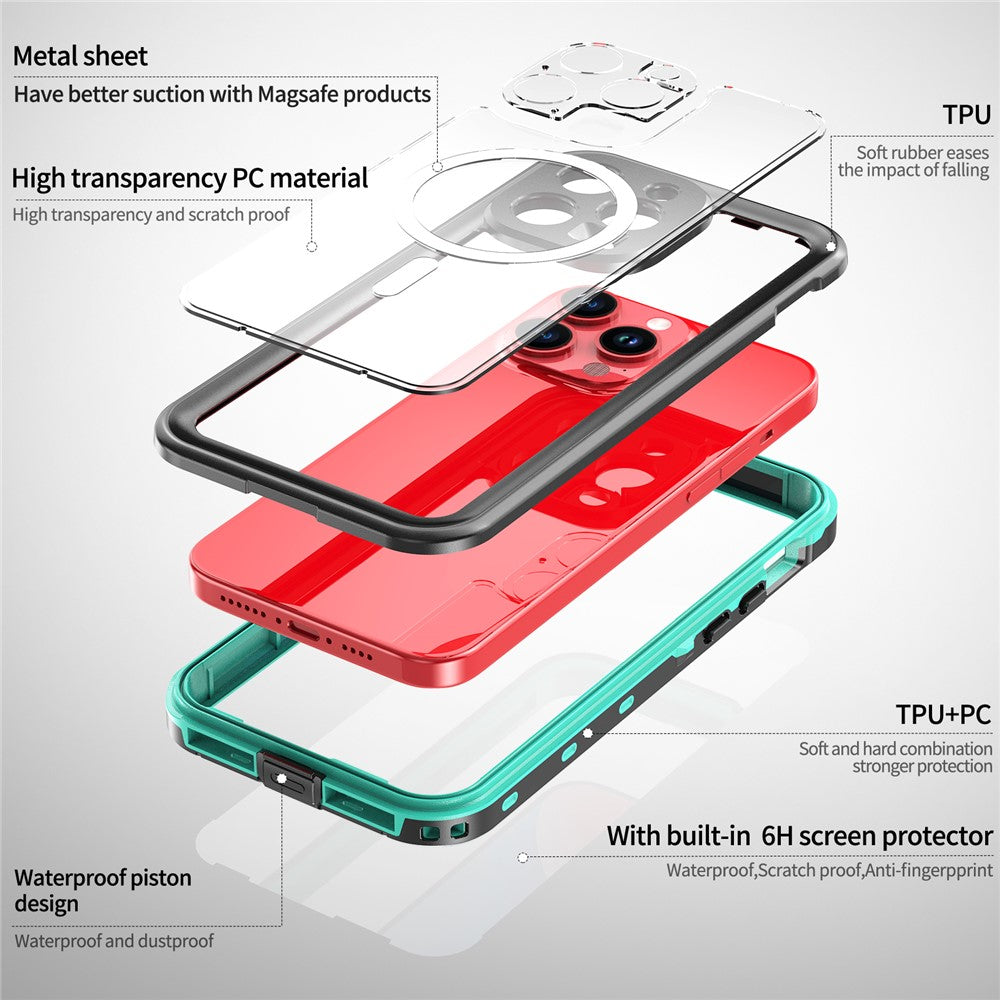 SHELLBOX Dot+ Series Magnetic Case for iPhone 15 Pro Max IP68 Waterproof PC+TPU Clear Phone Shell Compatible with MagSafe