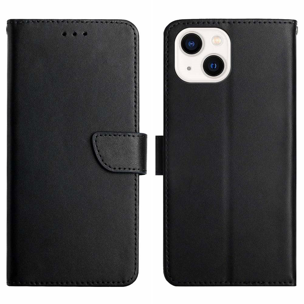HT02 Wallet Stand Case for iPhone 15 Genuine Cow Leather Nappa Texture Shockproof Phone Cover