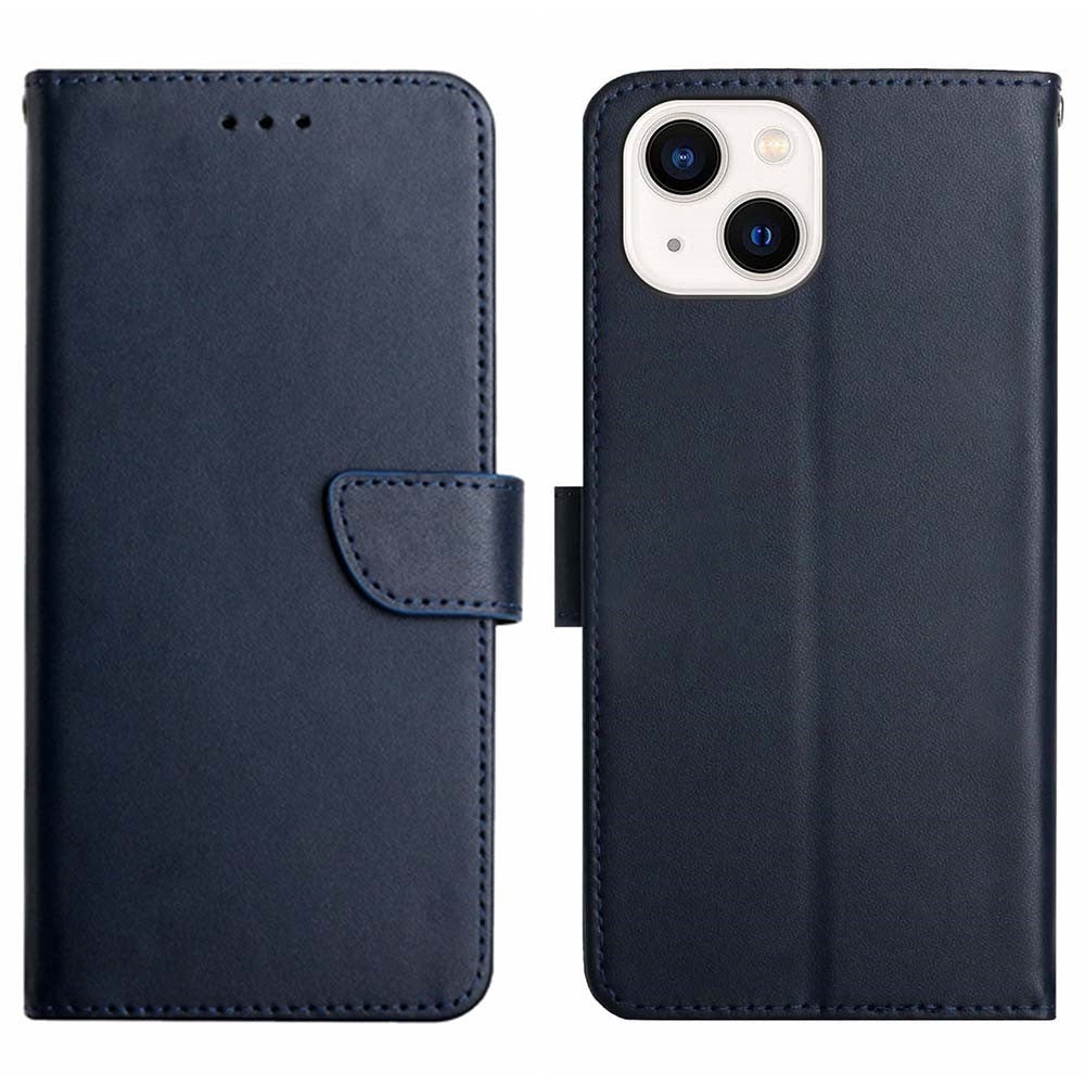 HT02 Wallet Stand Case for iPhone 15 Genuine Cow Leather Nappa Texture Shockproof Phone Cover