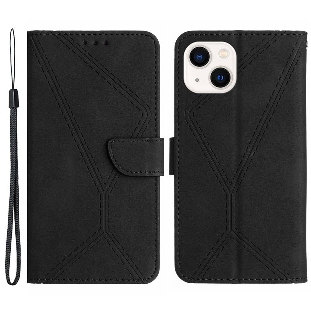 HT05 Leather Cover for iPhone 15 Skin-touch Flip Stand Wallet Imprinted Line Phone Case