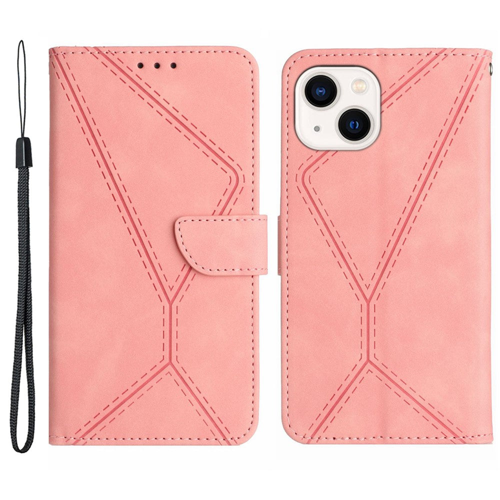 HT05 Leather Cover for iPhone 15 Skin-touch Flip Stand Wallet Imprinted Line Phone Case