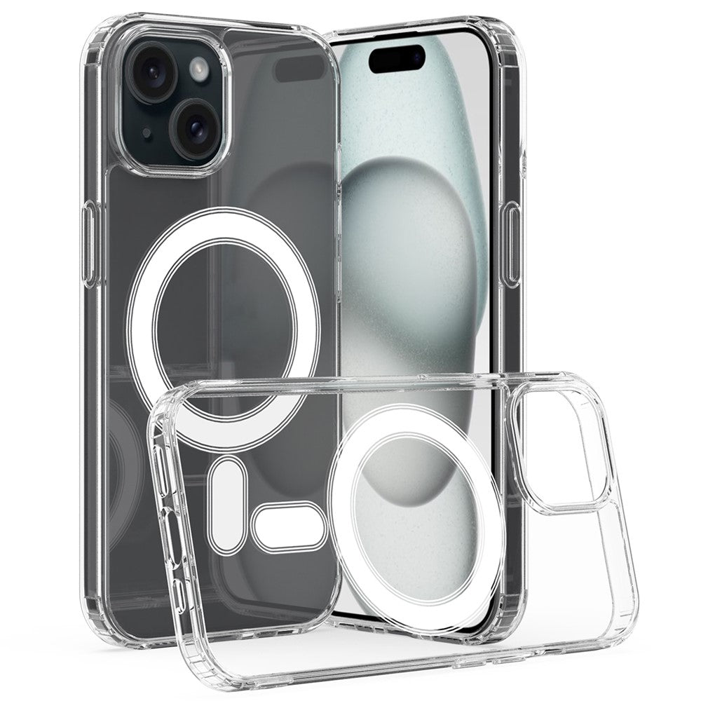 Gennemsigtigt cover til iPhone 15, magnetisk ring, akryl+TPU-telefoncover, kompatibel med MagSafe