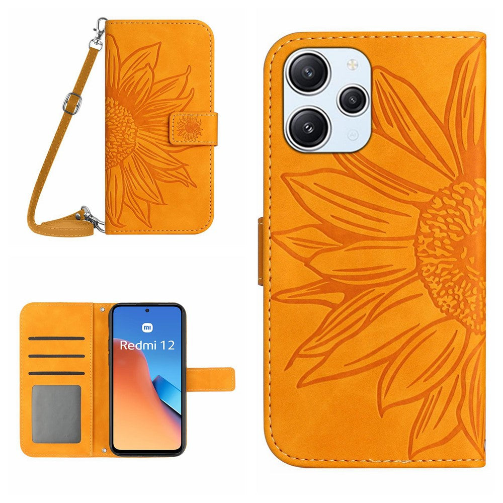 HT04 For Xiaomi Redmi 12 4G Leather Wallet Stand Case Sunflower Imprinted Phone Cover with Shoulder Strap