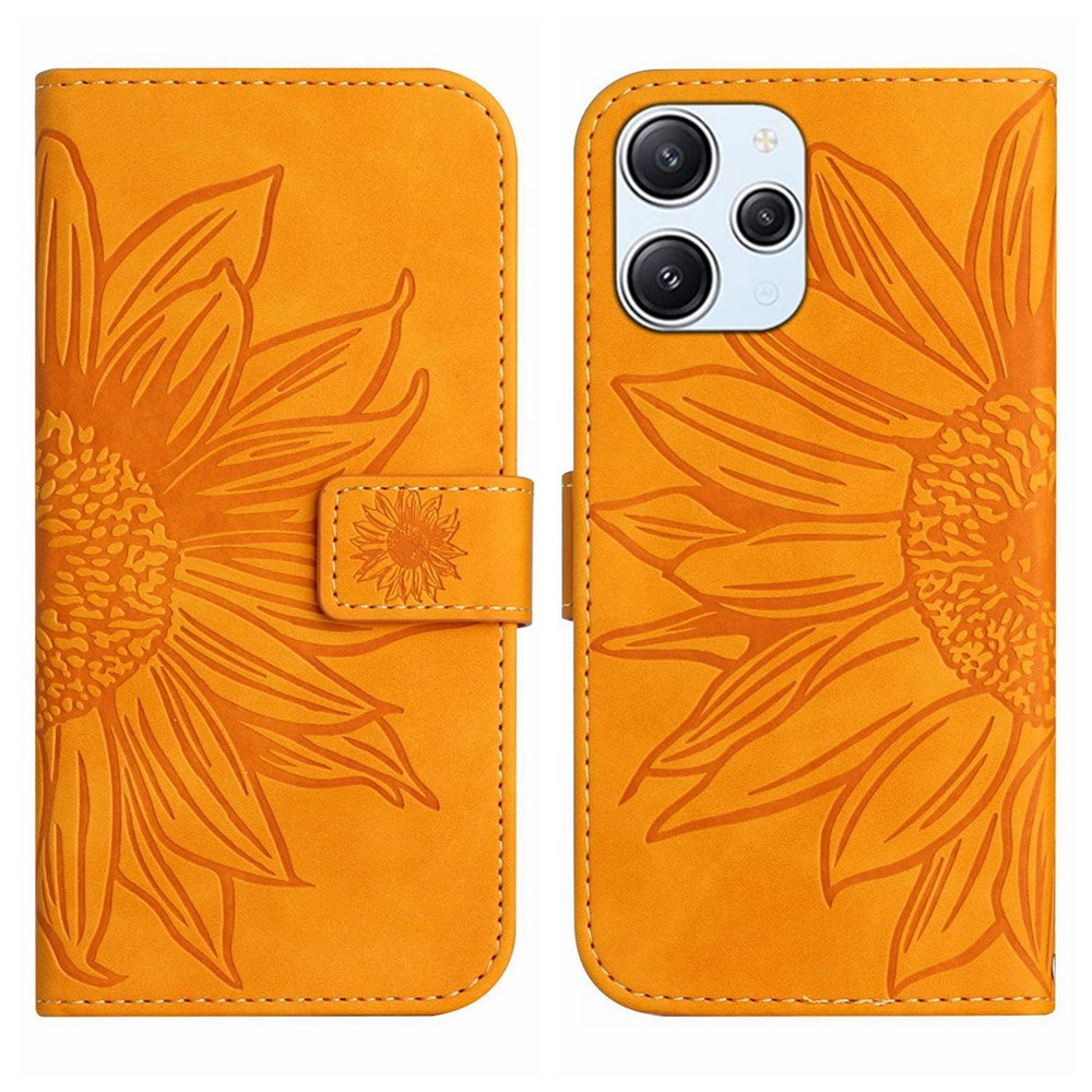 HT04 For Xiaomi Redmi 12 4G Leather Wallet Stand Case Sunflower Imprinted Phone Cover with Shoulder Strap