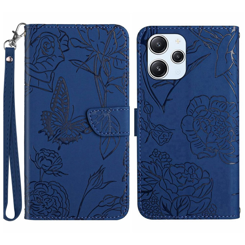 HT03 Wallet Stand Phone Cover for Xiaomi Redmi 12 4G Imprinted PU Leather Phone Case with Wrist Strap