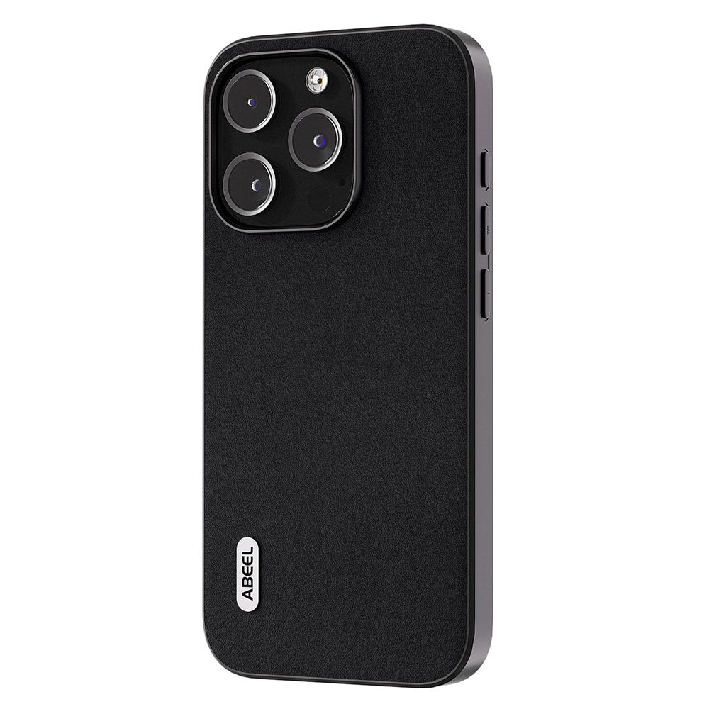 ABEEL For iPhone 15 Pro Max Phone Case Genuine Cow Leather Coated PC+TPU Nappa Texture Cover