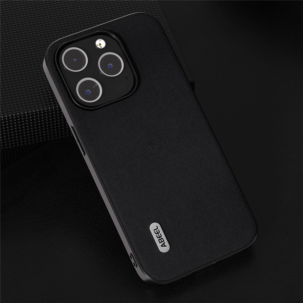 ABEEL For iPhone 15 Pro Max Phone Case Genuine Cow Leather Coated PC+TPU Nappa Texture Cover