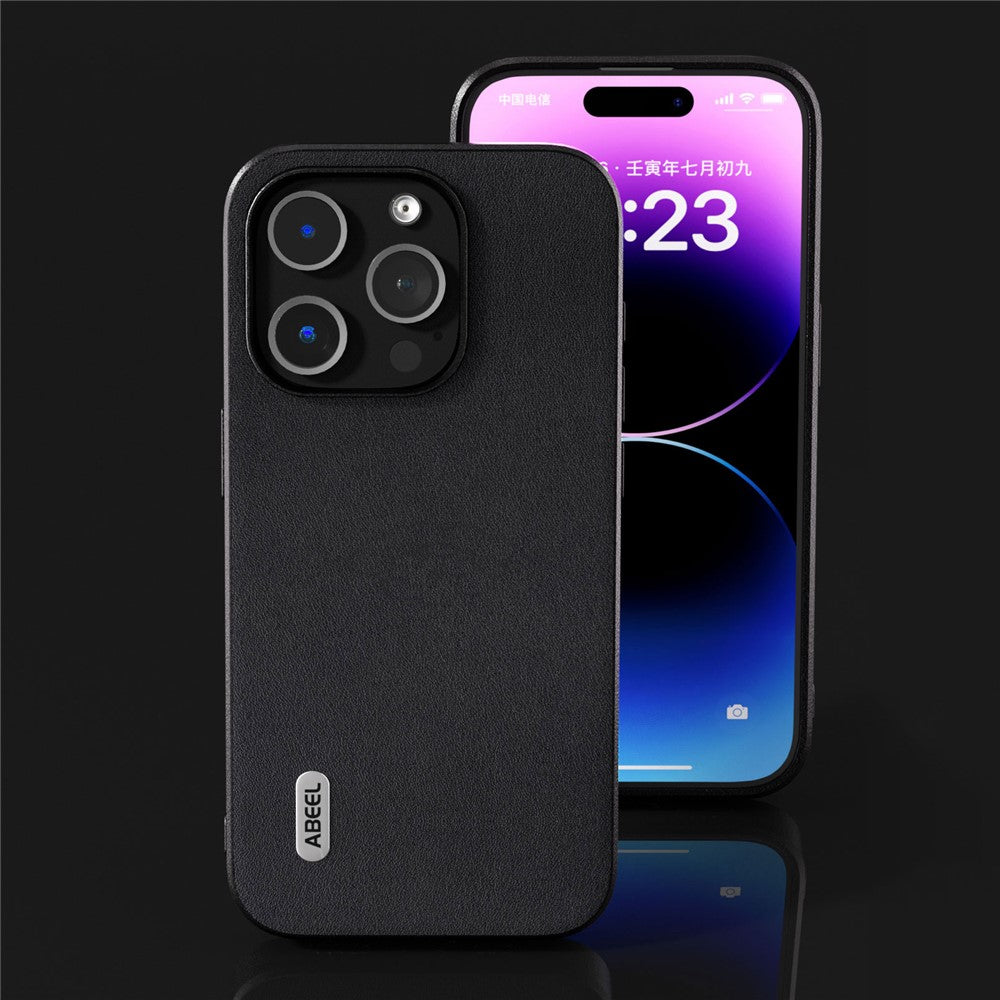 ABEEL For iPhone 15 Pro Max Phone Case Genuine Cow Leather Coated PC+TPU Nappa Texture Cover