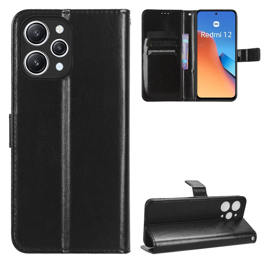 Xiaomi Redmi 12 4G / 12 5G (Global) / Note 12R 5G / Poco M6 Pro 5G mobilskal Crazy Horse Texture PU-läder Folio Flip Stand Plånboksfodral