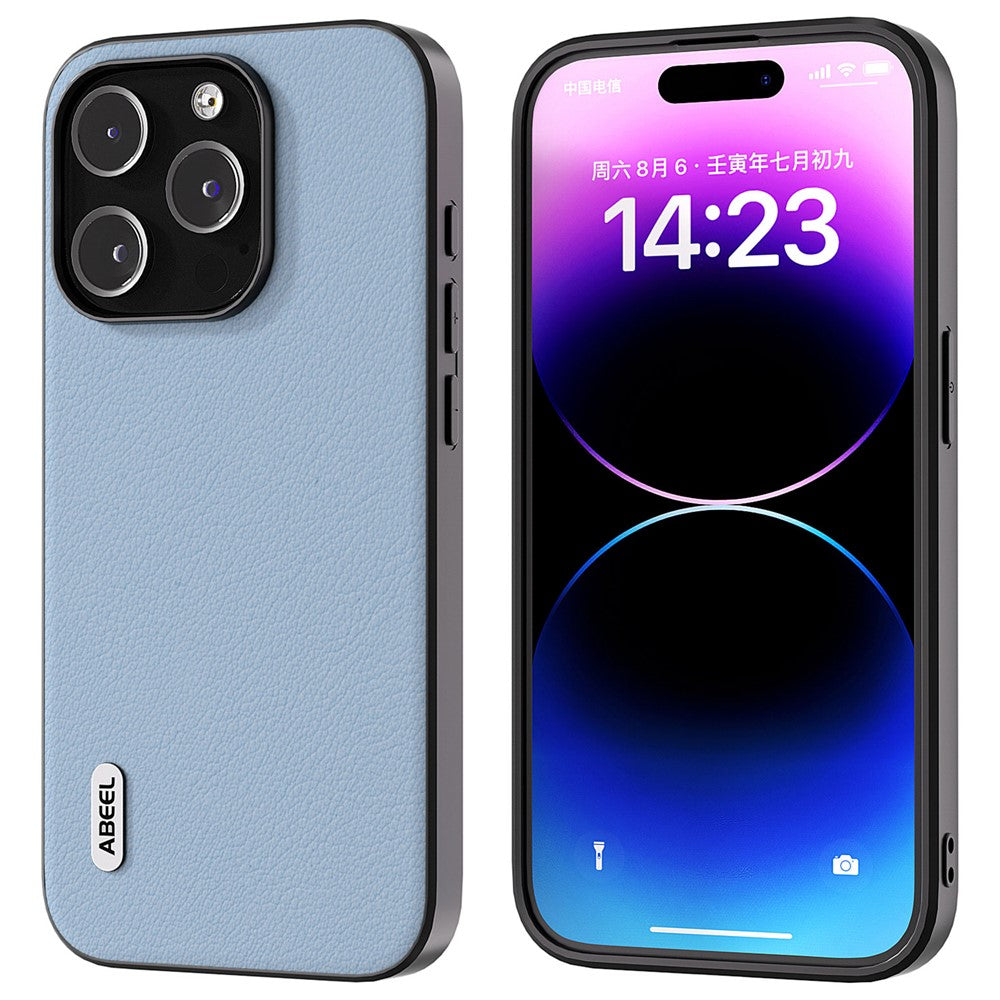 ABEEL For iPhone 15 Pro Max Shockproof Phone Case Genuine Cow Leather+PC+TPU Protective Cover