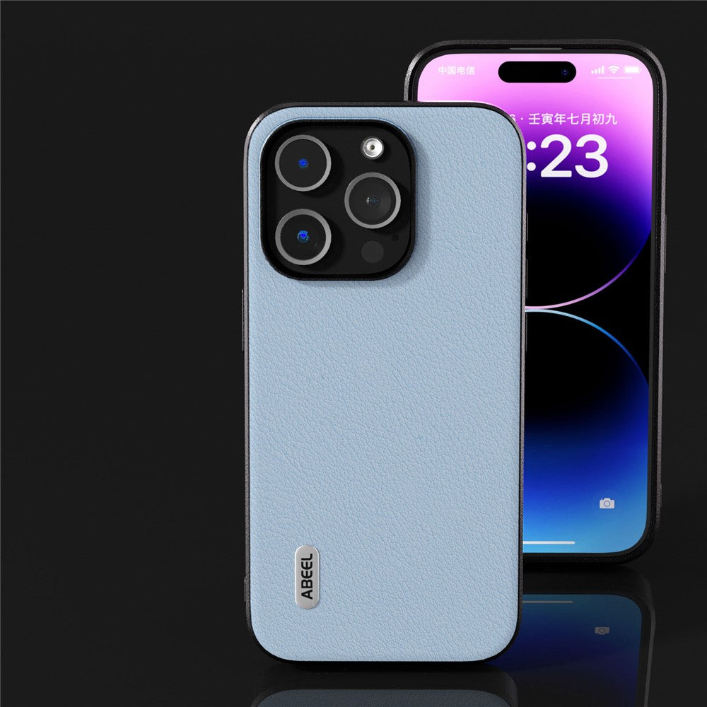 ABEEL For iPhone 15 Pro Max Shockproof Phone Case Genuine Cow Leather+PC+TPU Protective Cover
