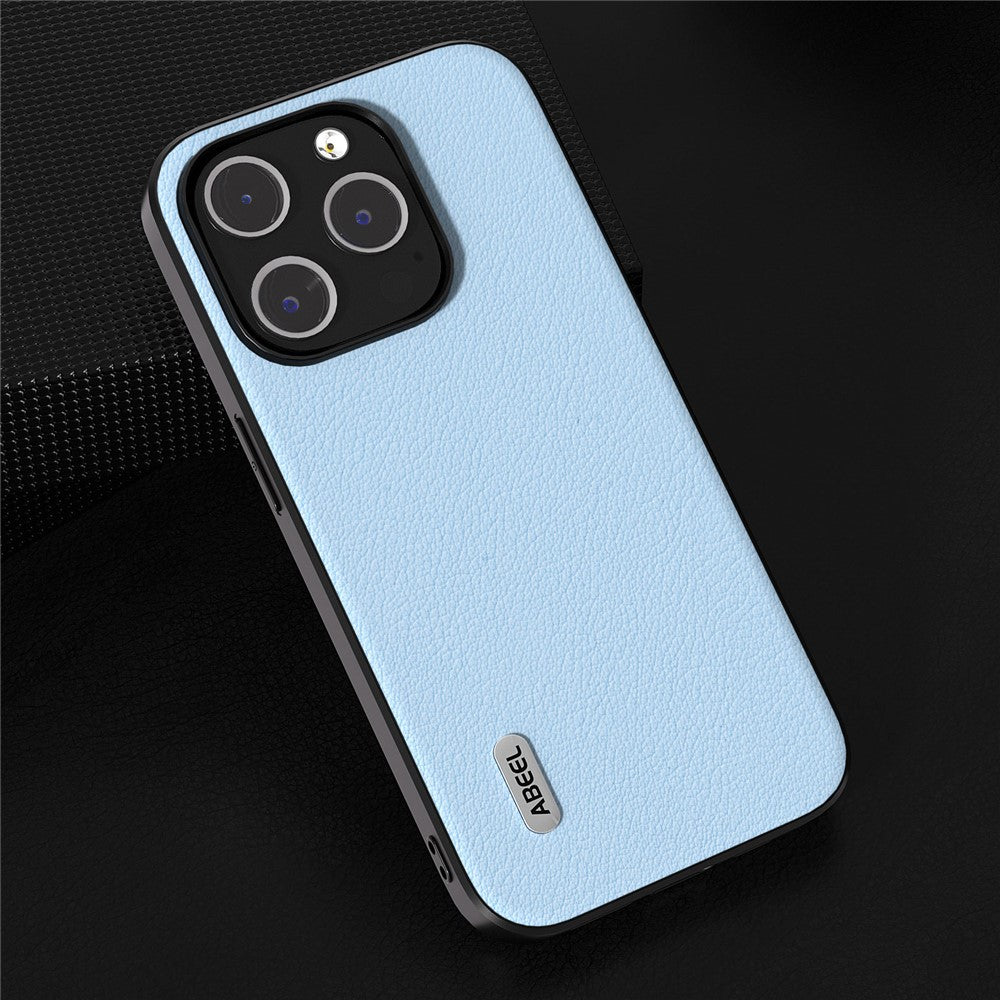 ABEEL For iPhone 15 Pro Max Shockproof Phone Case Genuine Cow Leather+PC+TPU Protective Cover
